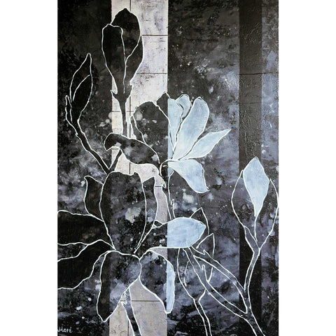 Cosmic Magnolia – modernes Magnolien-Gemälde in Anthrazit, Grau und Silber