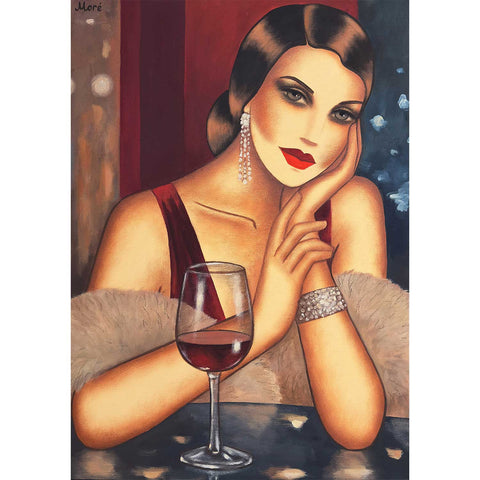 In the Glow of the Night – Originalgemälde einer eleganten Frau mit Rotwein