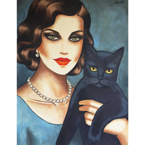 Mystic Eyes – Frauenporträt mit schwarzer Katze und grünen Augen