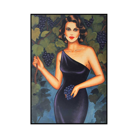 Frau mit Weintrauben – modernes Frauenporträt von Ekaterina Moré im mediterranen Stil. Originalgemälde voller Sinnlichkeit und Lebensfreude.