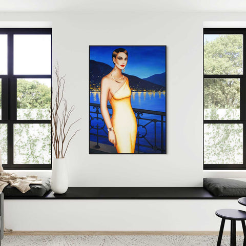 Glowing Serenity – Originalgemälde Frauenporträt im modernen Art Deco Stil - Raumansicht