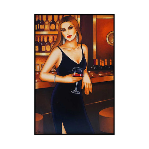 Golden Mood – Frauenporträt mit Rotwein - Originalgemälde Art Deco