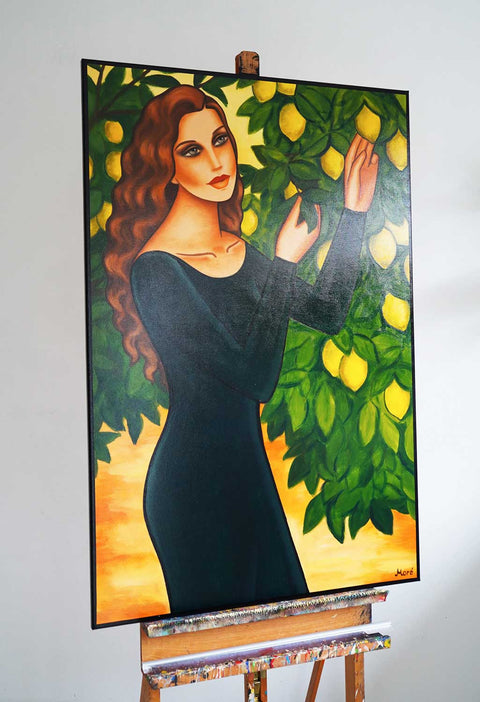 Lemon Oasis - modernes Frauenporträt - Frau im Zitronengarten - auf der Staffelei