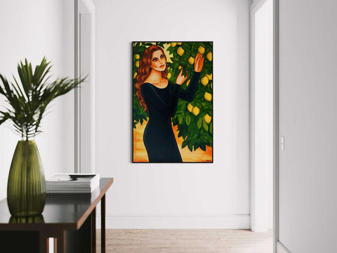 Lemon Oasis - modernes Frauenporträt - Frau im Zitronengarten - im Interior