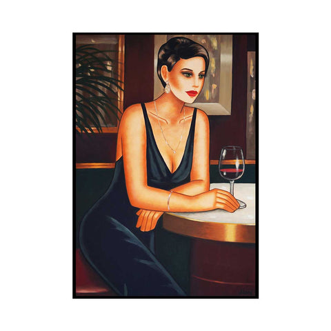 Midnight Elegance in Thought – Frau mit Rotwein - Frauenporträt im Art Deco Stil kaufen