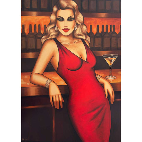 Red Allure – großes Originalgemälde einer glamourösen Frau im roten Kleid