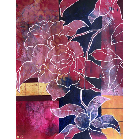 Echoes of Origin – Blumenbild in Bordeaux, Nachtblau und Gold auf Papier