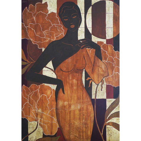 The Garden Within Her – Originalgemälde einer Frau mit Blumen in Gold und Bordeaux