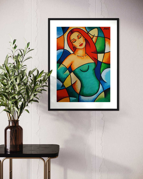 Originalgemälde mit einer Tänzerin – „Dance“ Frauenporträt im Flowismus-Stil - im Interior