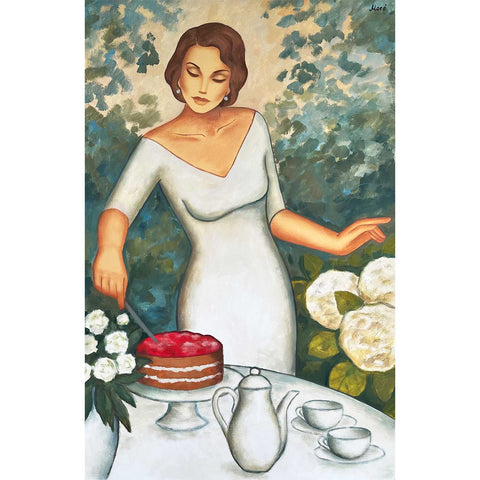 Sommertee – Original auf Papier mit Frau an einer sommerlichen Gartentafel