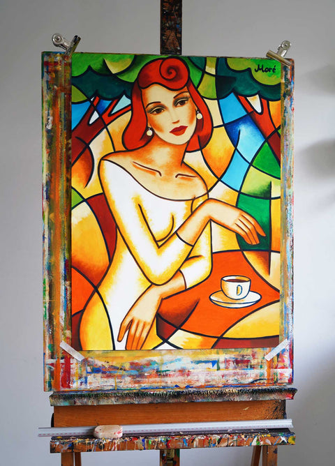 Originalgemälde – „Im Café“ Frauenporträt im Flowismus-Stil - aus dem Künstleratelier