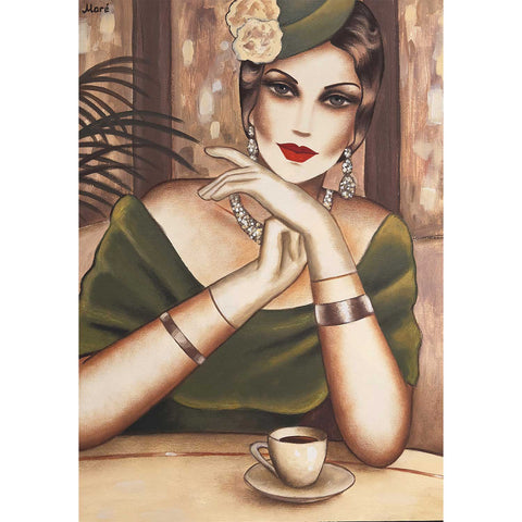 Velvet and Shadows – Originalgemälde einer eleganten Frau mit Kaffee im Café