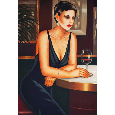 Midnight Elegance in Thought – nachdenkliche Frau mit Rotwein im blauen Abendkleid