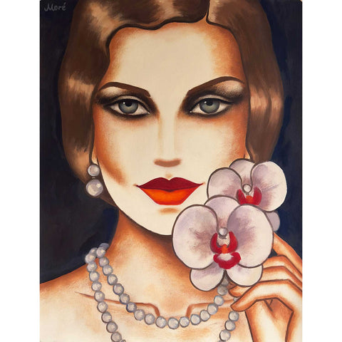Orchid Kiss – Frauenporträt mit Orchidee und Perlenschmuck auf Papier