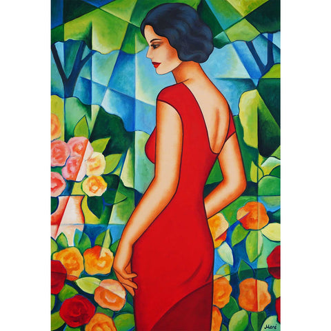 Endless Summer – Flowismus-Originalgemälde einer Frau im roten Kleid