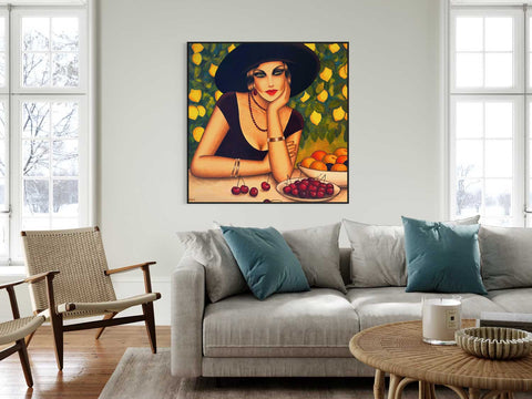 Mediterrane Sommerträume – Originalgemälde im Art Deco Stil - Frauenporträt - Raumansicht