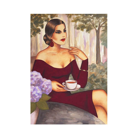 Frau im Café - Originalgemälde kaufen – „Rubinrote Teestunde“ im Art Deco Stil