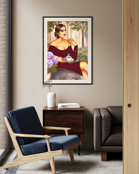 Frau im Café - Originalgemälde kaufen – „Rubinrote Teestunde“ im Art Deco Stil im Interior