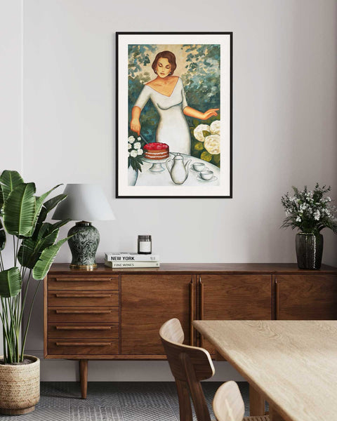 „Sommertee“ -Frauenporträt im Garten im Retro-Stil - Raumansicht