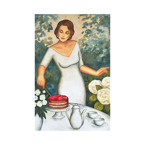 „Sommertee“ -Frauenporträt im Garten im Retro-Stil