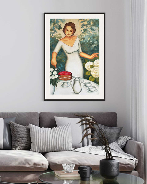 „Sommertee“ -Frauenporträt im Garten im Retro-Stil - im Interior