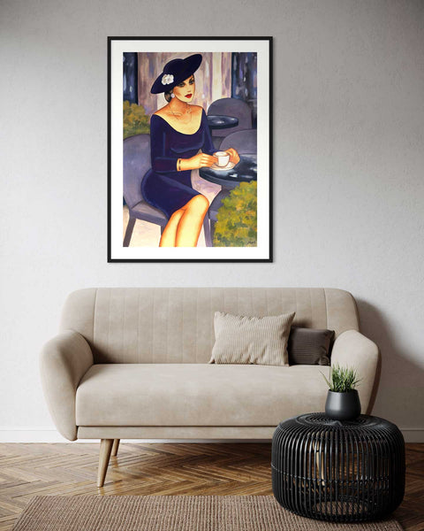 Frauenporträt im Café - „Violet Longing“ im Art Deco Stil - im Interior