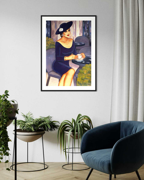 Frauenporträt im Café - „Violet Longing“ im Art Deco Stil - im Interior