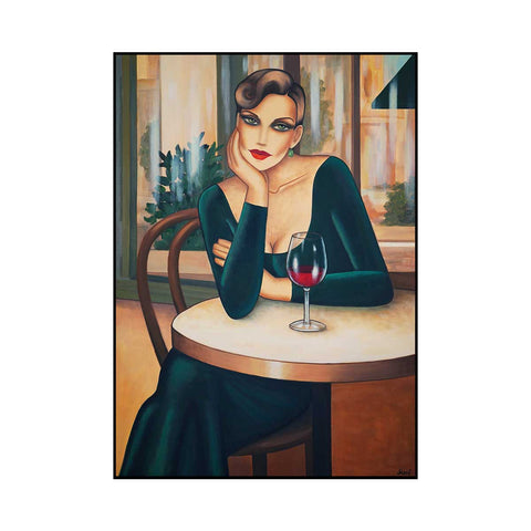 Vin Rouge Café – Frauenporträt Art Deco Originalgemälde 